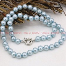 Fashion 8/10mm Light Blue Shell Pearl Round Necklaces 16/18/22/25/36/50"