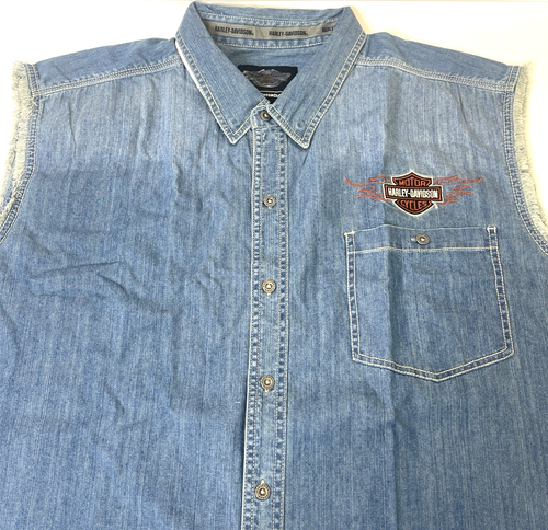 Harley-Davidson Mens 4XL Bar & Shield Shirt Flames Blowout Denim Muscle NEW - Picture 3 of 16