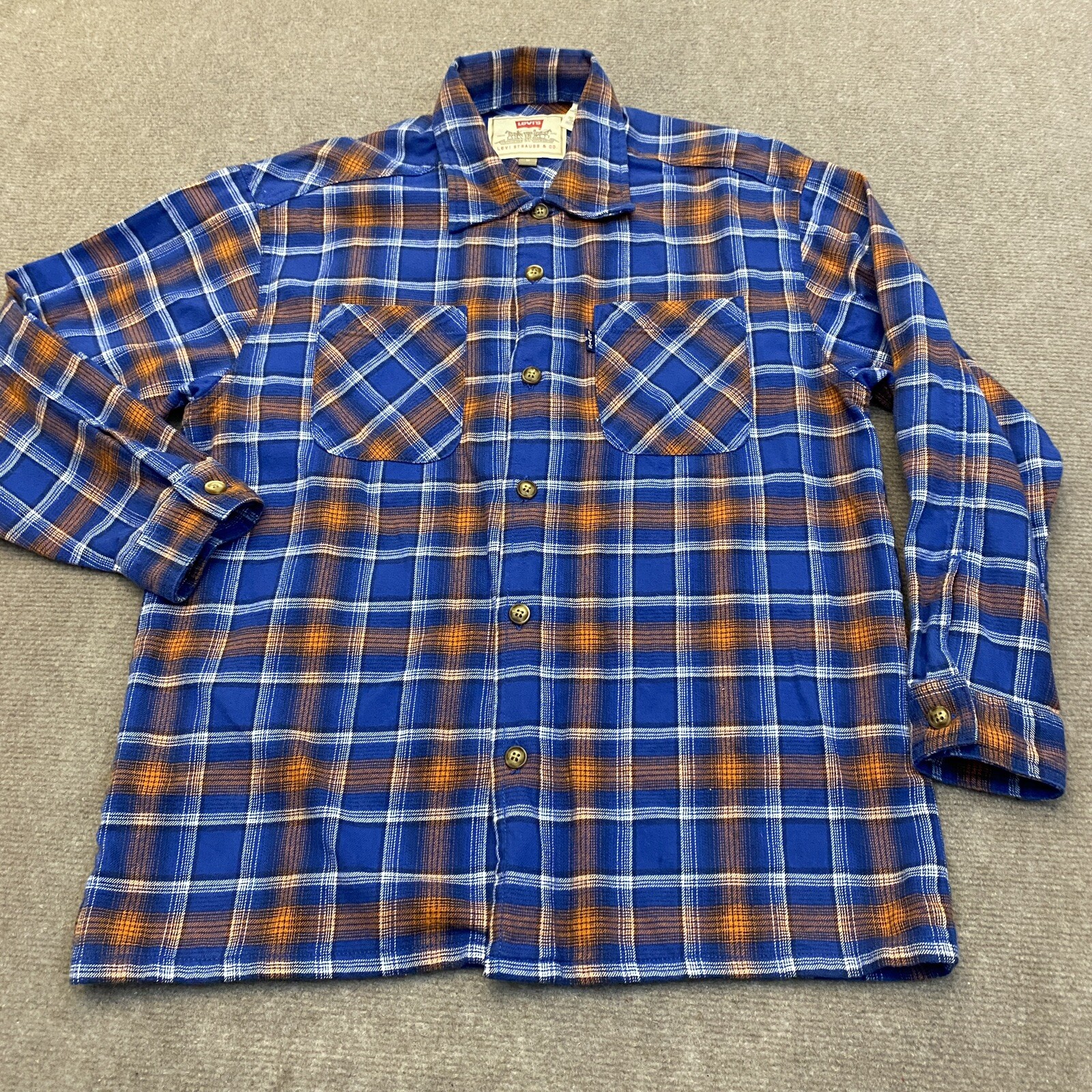 Levis Flannel Shirt Mens Medium Button Up Long Sleeve Blue Plaid Logo Outdoor