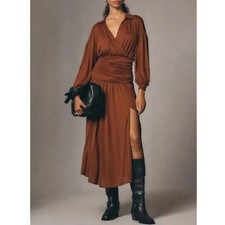 MAEVE V-NECK WOOL BLEND RUCHED MIDI DRESS S New Brown Anthropologie