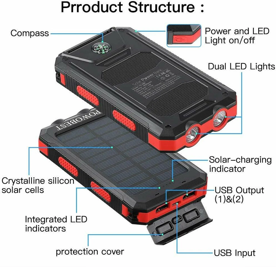 Dual USB Portable Charger Solar Power Bank, Waterproof,Flashlight & Compass - Image 2 of 4