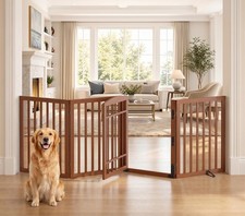 Dog Gate Indoor with Door, 88" W Bamboo Pet Gate, 30  H, Walnut