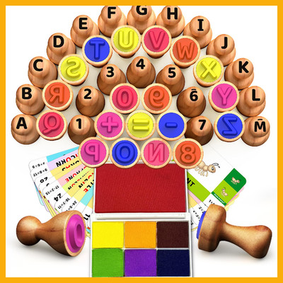 UdoUto  Wooden Alphabet & Number Stampers Set with 7-Color Ink Pad | ABCs 123s L