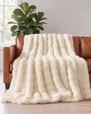 Faux Fur Throw Blanket - Queen Size Bubble Blanket - 90" X 90", Ivory