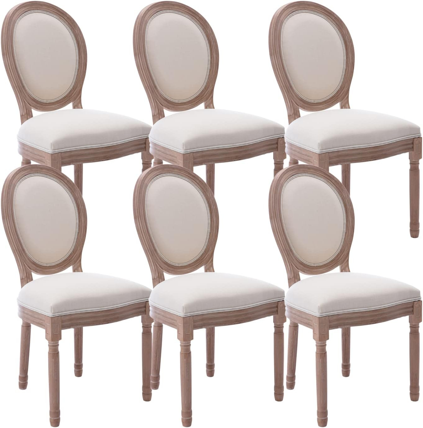 Set of 6 Beige Upholstered French Dining Chairs with Round B