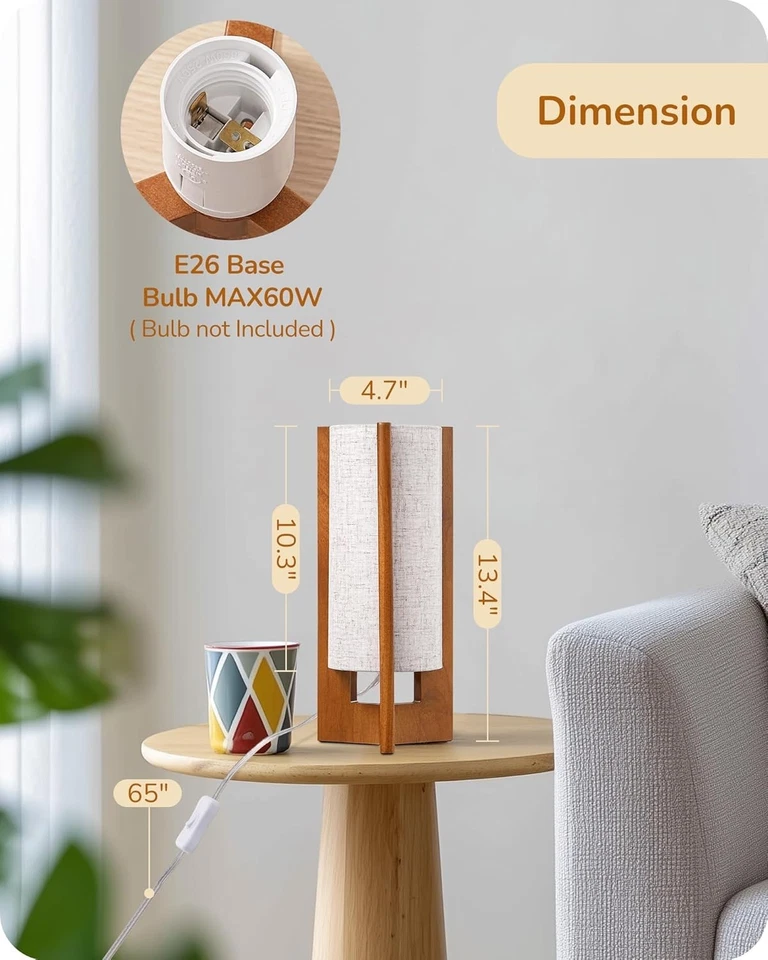 Lámpara de mesa pequeña de 13,5", lámpara de mesita de noche cilíndrica de madera de nogal para dormitorio... Foto 4 de 4