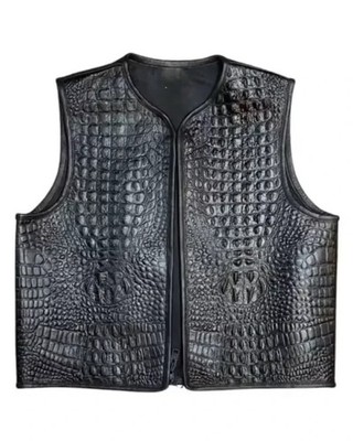 Artisan Crafted Black Crocodile Embossed Leather Vest Men Biker Zipper Waistcoat
