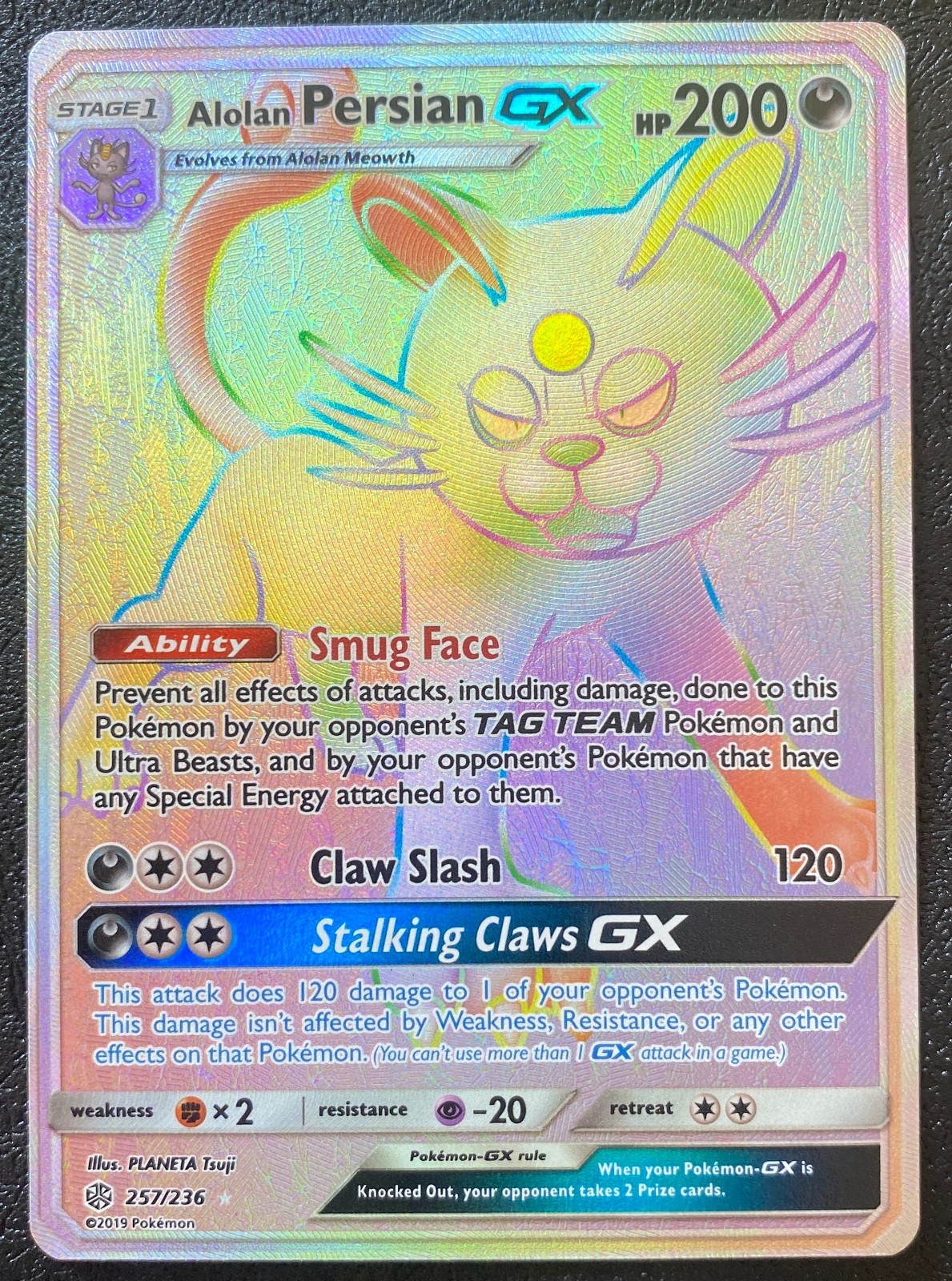 Alolan Persian GX 257/236 - SM Cosmic Eclipse (2019) Secret Rare Rainbow - NM