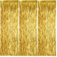 3 Pack Gold Foil Fringe Backdrop Curtains, 3.31x6.6ft Tinsel Fringe Streamers...