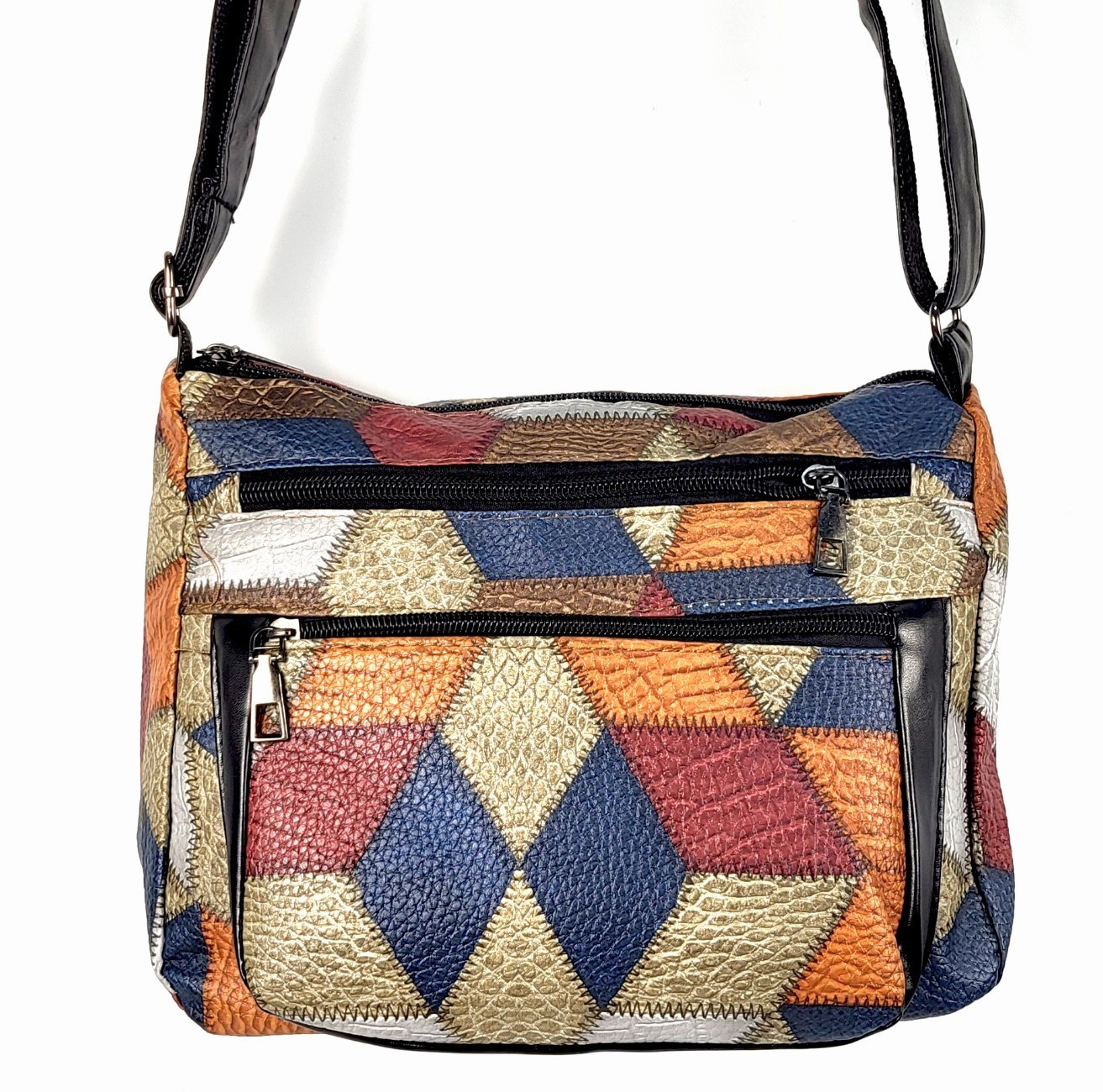 Shoulder Bag Vegan Leather Crocodile Snakeskin Colorblock Zipper Lady Black NWT-image