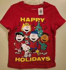 Old Navy Unisex 2T Short Sleeve PEANUTS Christmas Tee Happy Holidays Snoopy Red