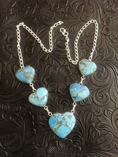 Blue Web Hubei Turquoise Heart Necklace 18”-21” , Hand Carved Stones