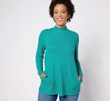 LOGO by Lori Goldstein Waffle Knit Long Sleeve Top Lace Mock Nock Teal - NEW