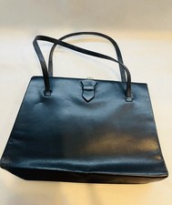 Vintage Black Leather Handbag Structured Frame Purse 1950s 1960s Top Handle
