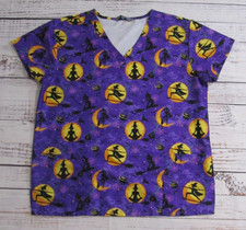 Serene Uniforms Purple Short Sleeve Flying Witch Halloween Scrubs Shirt Large