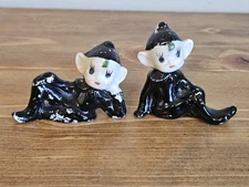 Vintage Rare TWO Small Ceramic PIXIES Elves Dressed Black Japan 2" W  x 2" H