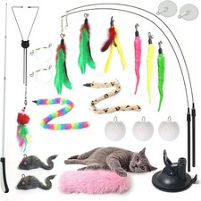 4-in-1 Interactive Cat Toy, Retractable Cat Wand, 2-Pole Suction Cup, Catnip