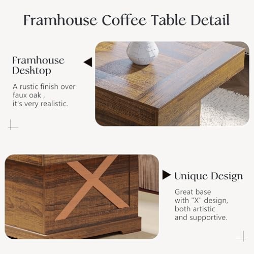 Coffee Table for Living Room Square Farmhouse Style Center Table 31.5 inch - Picture 4 of 7