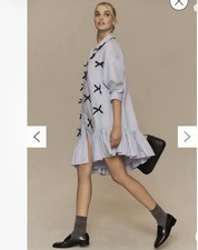 Anthropologie Maeve Dress Women Medium Blue Bows 3D Asymmetrical Ruffle Button