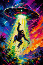 UFO Monkey Ape Abduction Wall Art Print Painting Printed On Canvas Artprint
