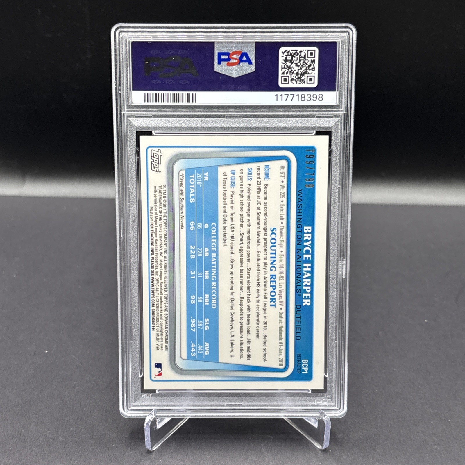 2011 Bowman - Chrome Prospects Bryce Harper #BCP1 Refractor /799 (RC) PSA 9 view 2