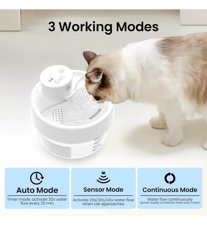 Fuente de Agua para Gatos, Fuentes de Agua a Batería para Gatos Interior - 1L Inalámbrica Foto 2 de 4