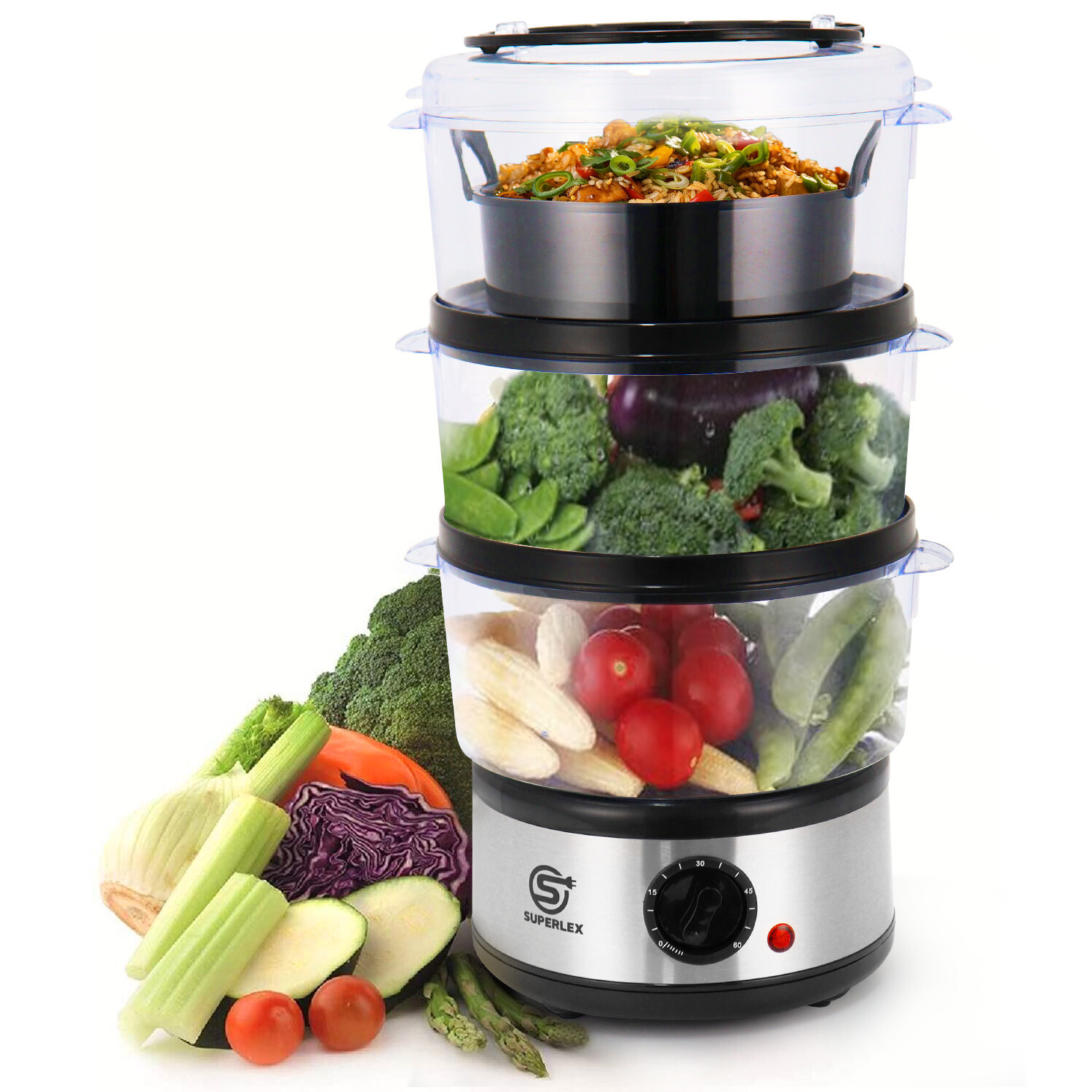 SUPERLEX Dampfkocher Multikocher Elektrischer Dampfgarer Eierdampfer 3-Stufen