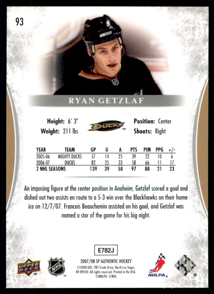 2007-08 SP Authentic Ryan Getzlaf #93 - Image 2 of 2