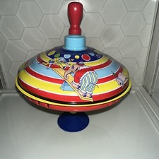 Vintage Schylling Metal Tin Spinning Top Toy with Circus Clowns  Animals