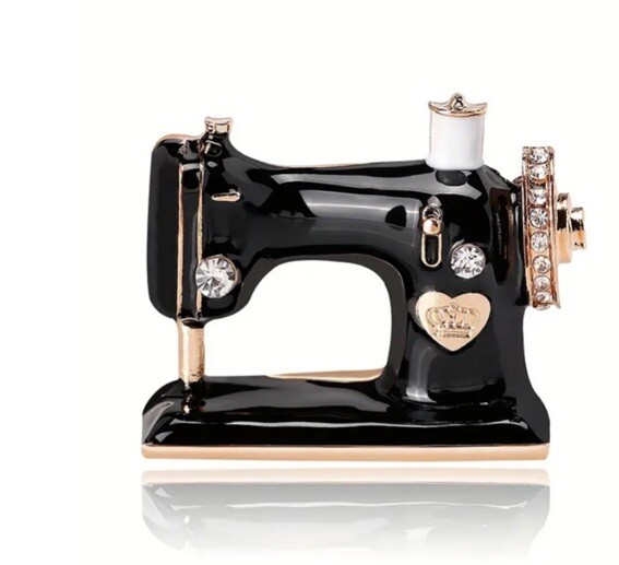 Vintage Black and White Enamel Gold Tone Sewing Machine Brooch for Style and Elegance-image