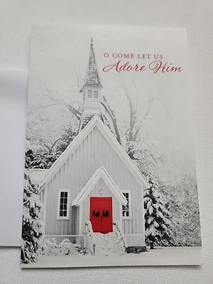 DAYSPRING Merry Christmas Happy Holidays Seasons Greeting Card Snow Church Red Door