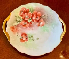 Antique 1920 Hand Painted Unmarked Limoges Cake Server Plate Gilt Handles 10 7/8