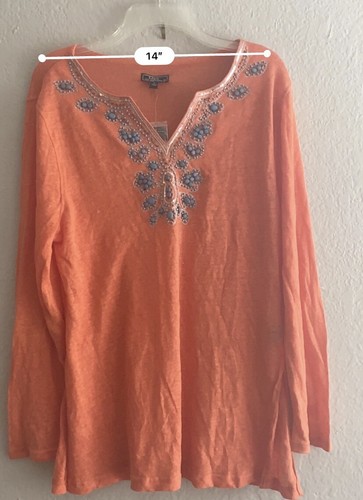 LISA International Womens L Top Sweater Linen Rayon Knit Beads Sequins Side Slit - Picture 8 of 8