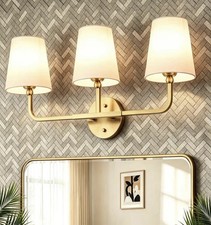 3-Light Brushed Gold Vanity Wall Light, White Fabric Shades, Bathroom