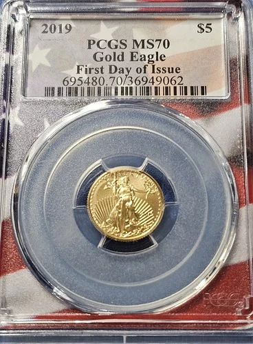A 2019 $5 1/10-oz American Gold Eagle PCGS MS70 FDOI
