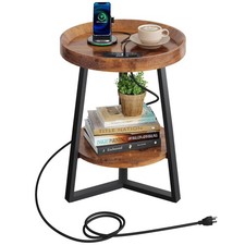 Small Round Side Table with Charging Station, Round Coffee Table, 2 Tier End ...