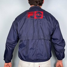 1990s Vintage Fila Windbreaker Jacket Navy Blue Mens S Nylon