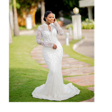 White Lace Long Sleeve Keyhole Mermaid  Trumpet Wedding Dress with Train