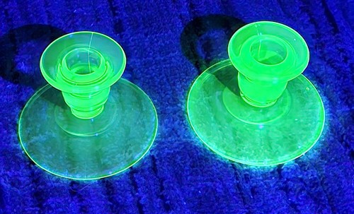 Vintage Green Uranium Glass Candlestick Holders Glows Depression Glass Lot of 2