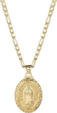 14K Gold Plated Guadalupe Virgin Mary Pendant Necklace for Women Men 3Mm Flat Fi
