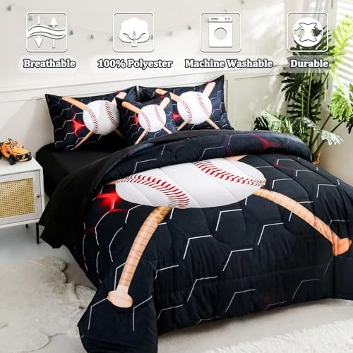 Juegos de cama completos de 6 piezas para niños, deportes negros tamaño completo - 6 piezas de béisbol Foto 2 de 4