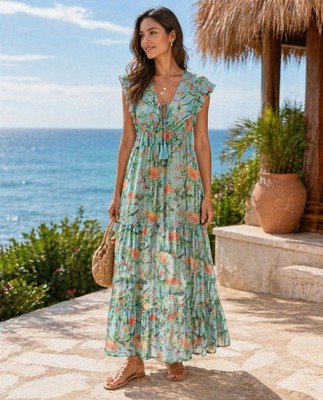Summer Beachy Maxi Dress Sz Large Floral Ruffle V-Neck Tassel Tie Open Back Boho