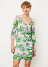 GANNI PRINTED MESH U-NECK RUCHED MINI DRESS EGRET Size: 36