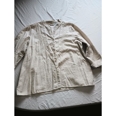 Vintage White Stag Linen Tan Beige Embroidered 3/4 sleeve Blouse Top Women XXL
