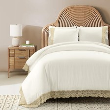 Scallop Lace Cotton Duvet Cover Set 3 Piece Set Full/queen Beige Neutral Bedding