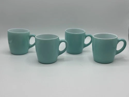 Hazel Atlas Set of 4 Vintage Aqua Turquoise Blue Milk Glass Coffee Mugs