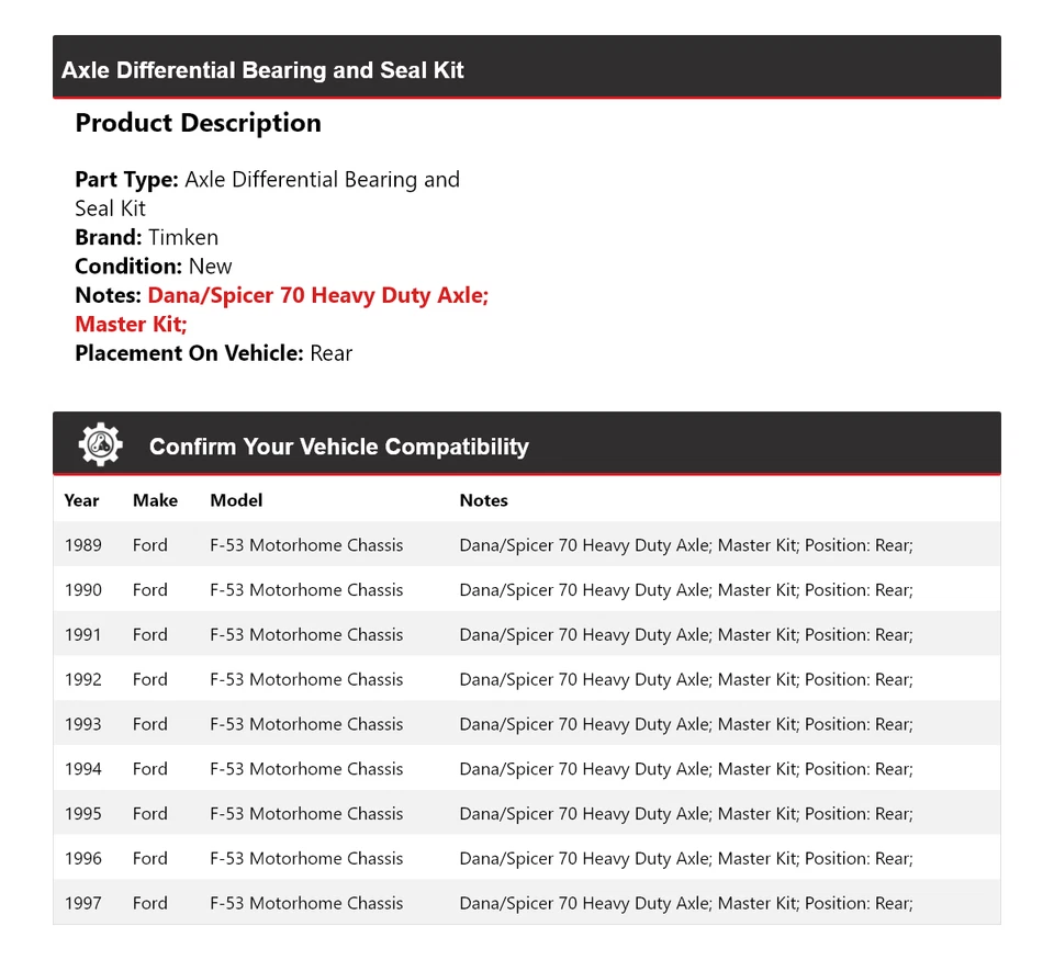 For 89-97 Ford F-53 Motorhome Chassis Axle Diff Bearing  Seal Kit Timken - Image 2 of 3