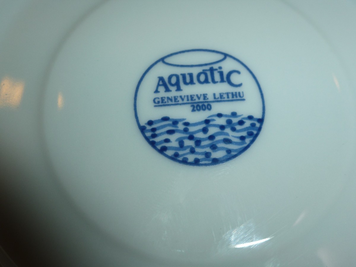 Aquatic Genevieve Lethu Cup and Saucer, Blue Band Line/Dot Design