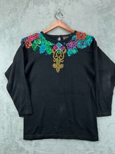 Vintage 90s TRIMMINGS Womens Medium Sweaters Beaded Jeweled Black Sequins Ladies