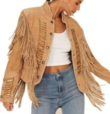 Women Brown Native American Western Cowboy Leather Jacket Suede Fringe  Beaded